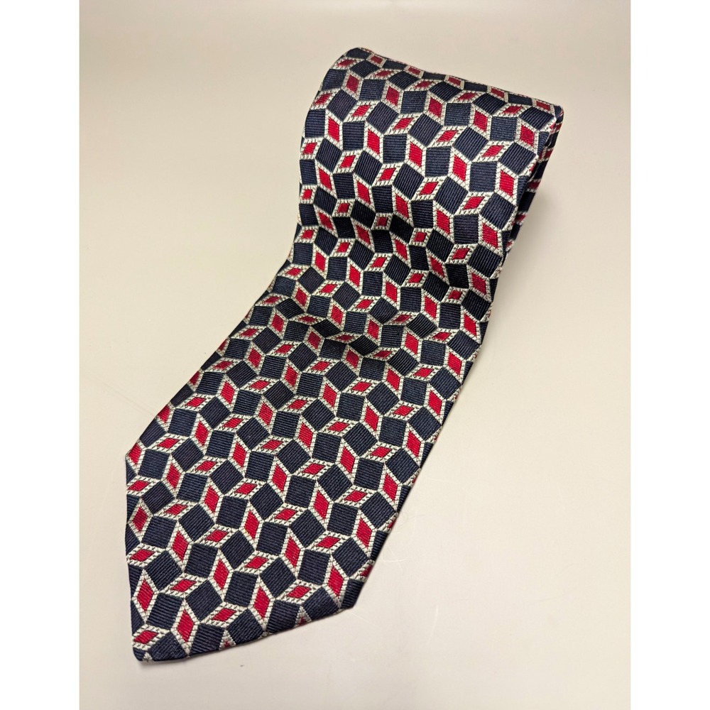 Brooks Brothers Makers Silk Tie Navy Red 3D Cube Geometric Made USA Necktie